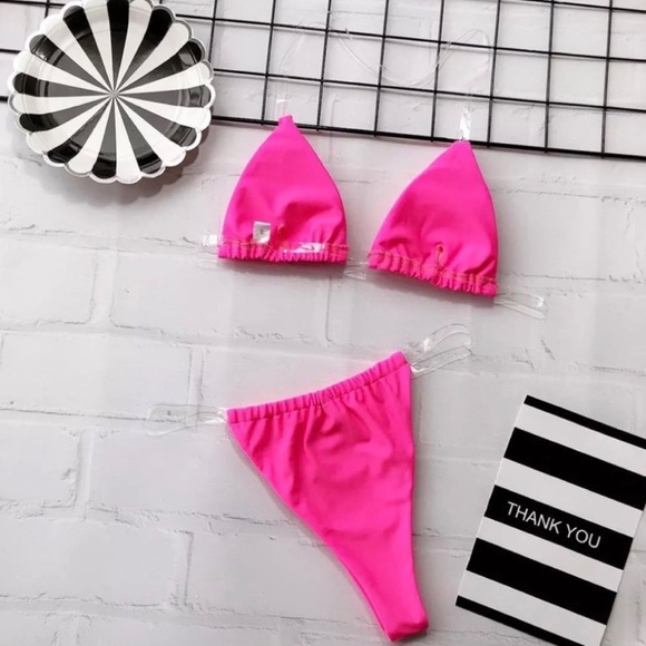 Sexy No Tan Line Clear Strap Brazilian Bikini Pink - Picture 4 of 11